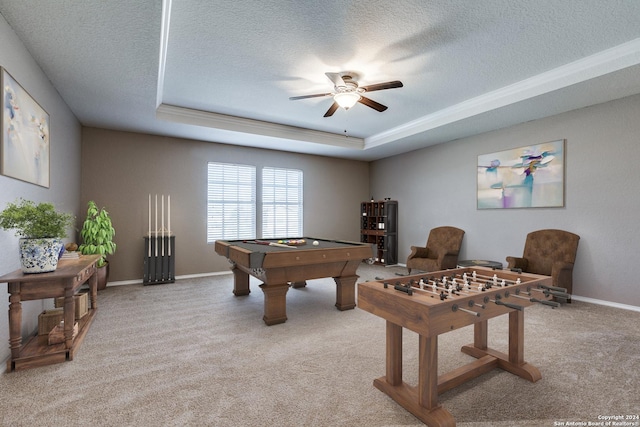 11902 Silver Horse, San Antonio, TX 78254 - game room with a tray ceiling, a textured ceiling, a ceiling fan, billiards, and carpet floors