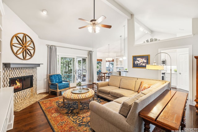 living room featuring high vaulted ceiling, a tile fireplace, dark hardwood / wood-style floors, ceiling fan, and beamed ceiling