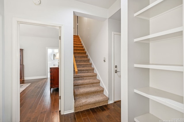 staircase with hardwood / wood-style flooring