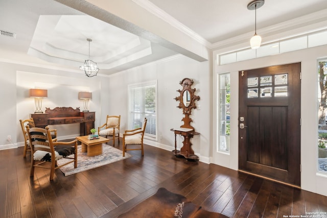 entryway with a healthy amount of sunlight, dark hardwood / wood-style flooring, ornamental molding, and a tray ceiling