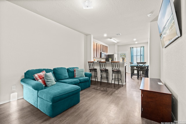 living room with a textured ceiling and hardwood / wood-style flooring