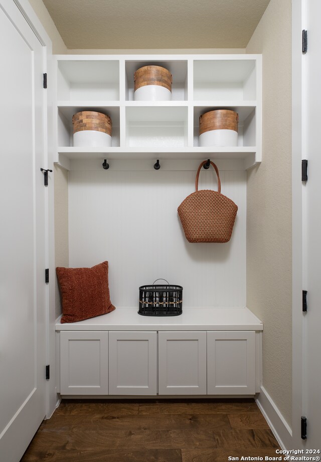 mudroom with dark hardwood / wood-style floors