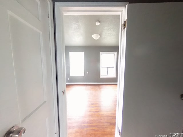 hall featuring wood-type flooring and a textured ceiling