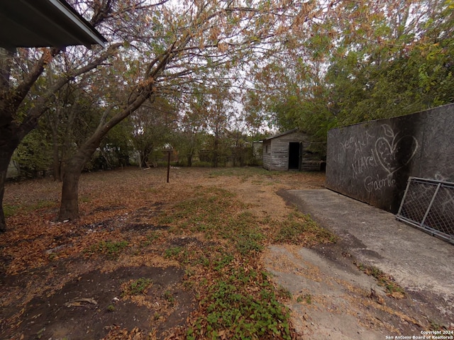 view of yard featuring a storage unit