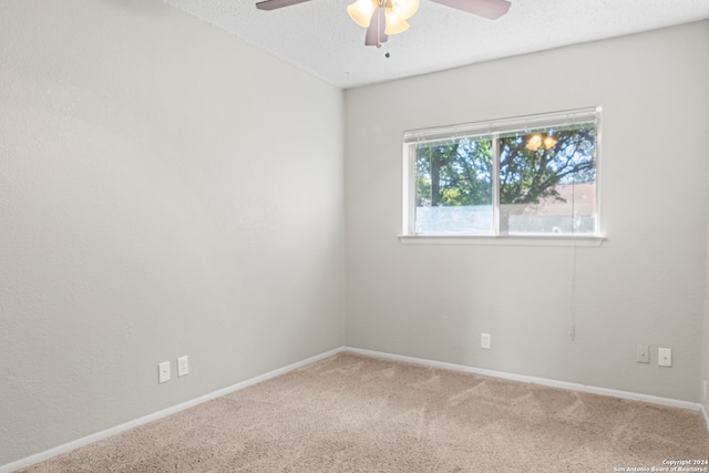 unfurnished room featuring carpet flooring, ceiling fan, and a textured ceiling