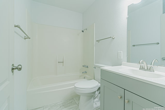 full bathroom with bathtub / shower combination, vanity, and toilet