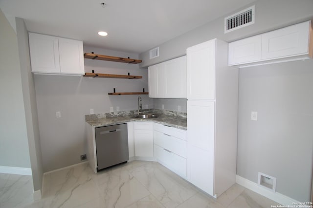 900 Padre Blvd Unit 307, South Padre Island, TX 78597 - kitchen with stainless steel dishwasher, a sink, open shelves, light marble finish floors, and recessed lighting
