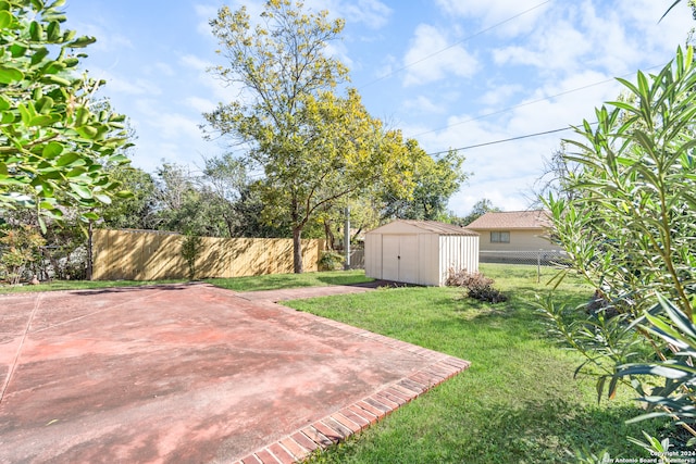 view of yard with a storage unit and a patio area