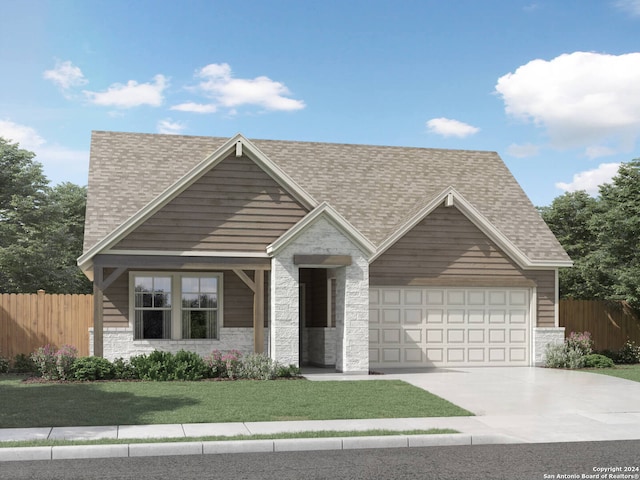 view of front of property with stone siding, a garage, roof with shingles, and fence