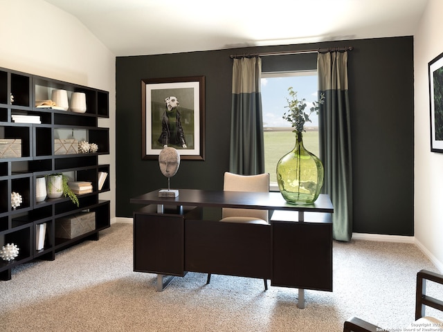 carpeted office space with vaulted ceiling