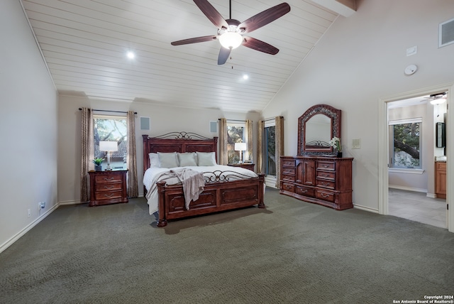 bedroom with carpet, high vaulted ceiling, ceiling fan, beam ceiling, and wood ceiling