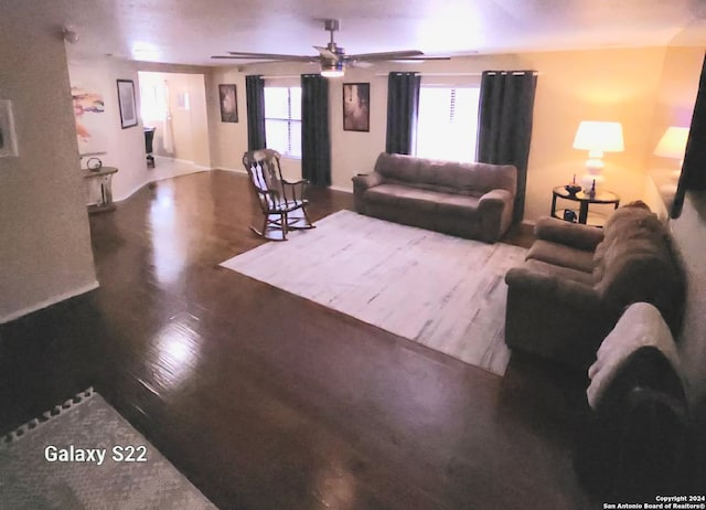 living room featuring ceiling fan and hardwood / wood-style flooring