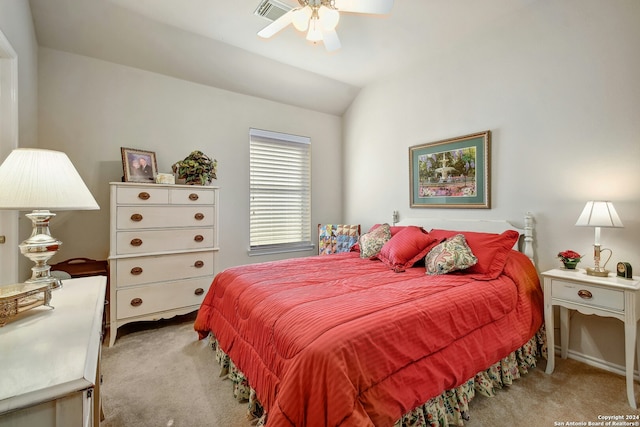 carpeted bedroom featuring ceiling fan and lofted ceiling