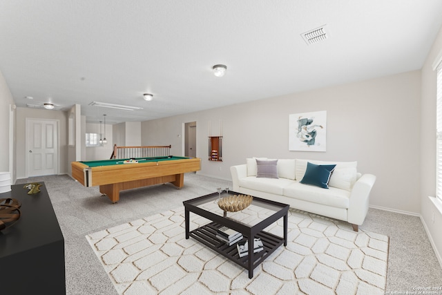 rec room with light colored carpet and billiards