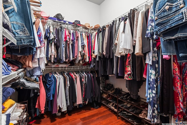 spacious closet featuring dark wood-type flooring