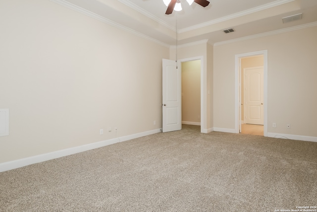 unfurnished bedroom featuring carpet floors, ceiling fan, and crown molding