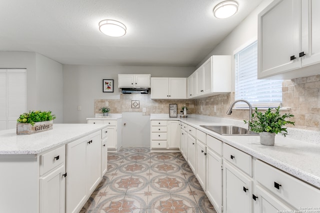 kitchen featuring decorative backsplash, white cabinetry, and sink