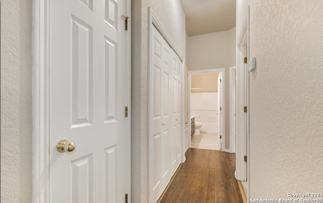 corridor with dark hardwood / wood-style flooring