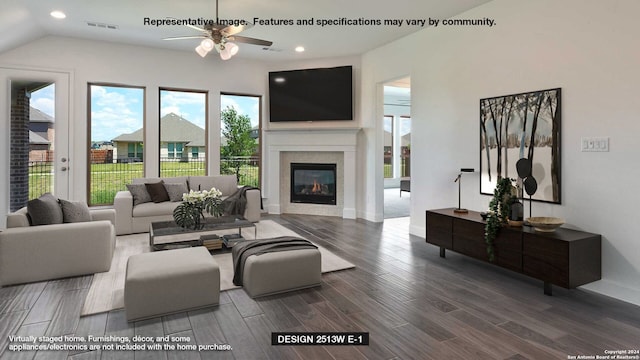 living room featuring lofted ceiling, ceiling fan, and dark hardwood / wood-style floors