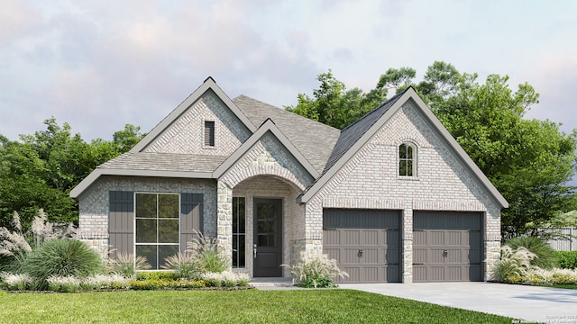 view of front facade with a front yard and a garage