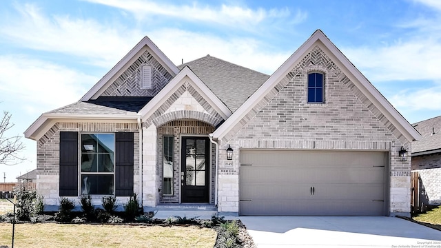 1849 Gyst Rd, Seguin, TX 78155 - french country style house featuring concrete driveway, a garage, brick siding, a shingled roof, and stone siding