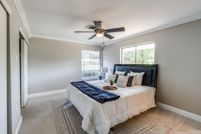 carpeted bedroom with ceiling fan, ornamental molding, and a closet