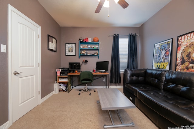 home office featuring carpet flooring and ceiling fan