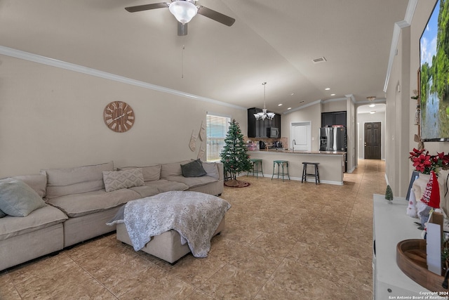 living room featuring crown molding, sink, ceiling fan with notable chandelier, and vaulted ceiling