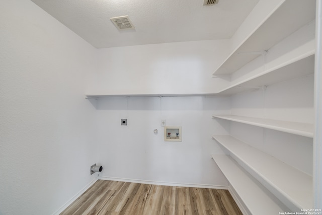 washroom with washer hookup, hookup for a gas dryer, light hardwood / wood-style floors, and hookup for an electric dryer