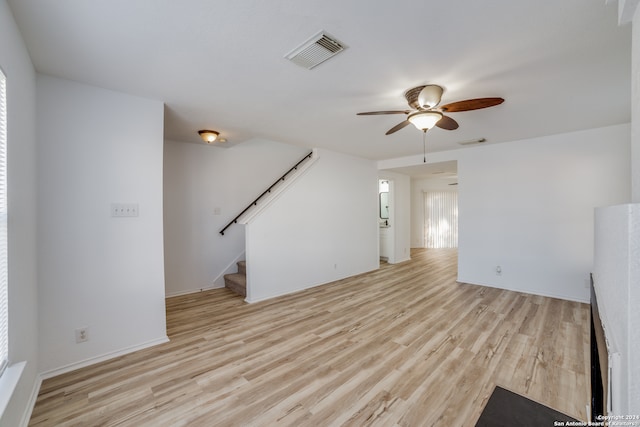 unfurnished living room with ceiling fan, plenty of natural light, and light wood-type flooring