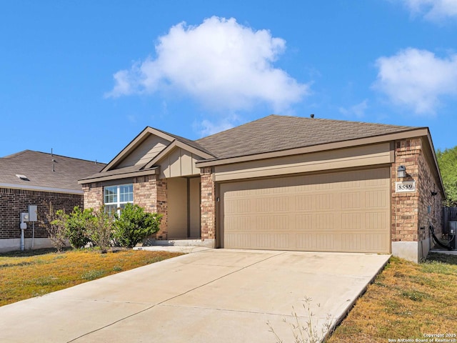 8559 Laxey Wheel, San Antonio, TX 78254 - ranch-style house with a garage, concrete driveway, brick siding, stone siding, and a front yard