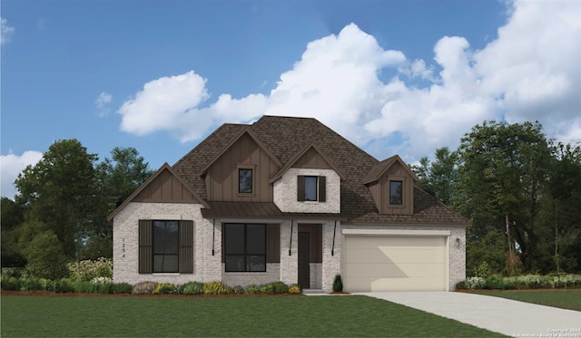 view of front of property featuring driveway, a shingled roof, an attached garage, a front yard, and brick siding