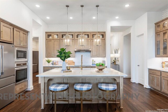 11714 Warlock, San Antonio, TX 78254 - bedroom with wallpapered walls, dark wood finished floors, and an inviting chandelier