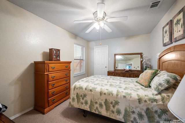 bedroom featuring carpet flooring, ceiling fan, and a textured ceiling