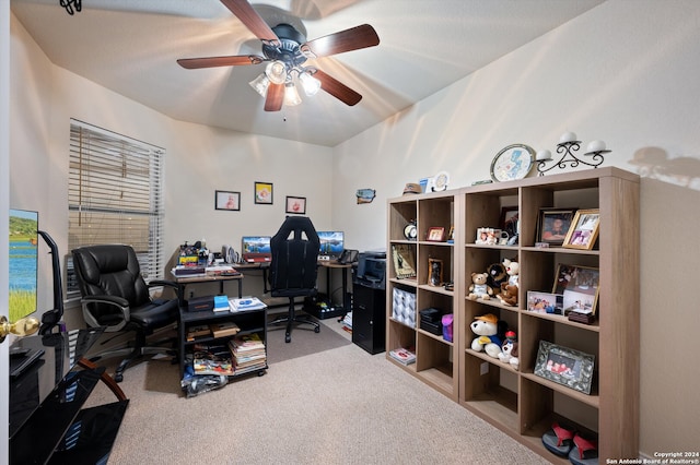 home office featuring carpet flooring and ceiling fan