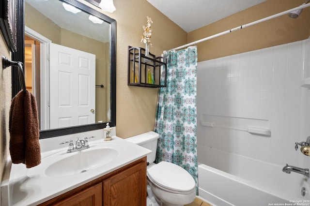 full bathroom with a textured ceiling, vanity, toilet, and shower / bathtub combination with curtain