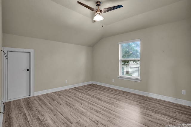 bonus room featuring ceiling fan, lofted ceiling, and light hardwood / wood-style flooring