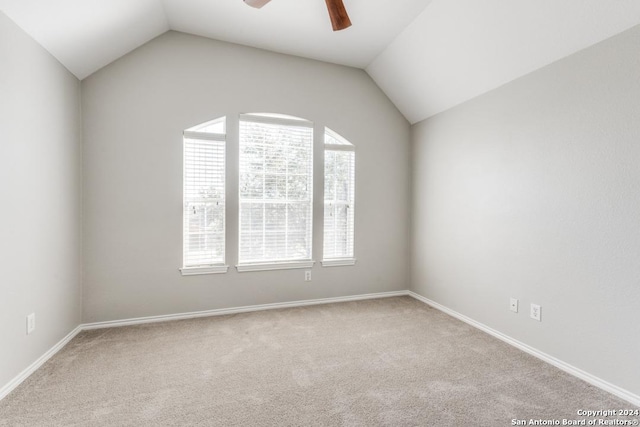 empty room featuring carpet flooring, plenty of natural light, and lofted ceiling