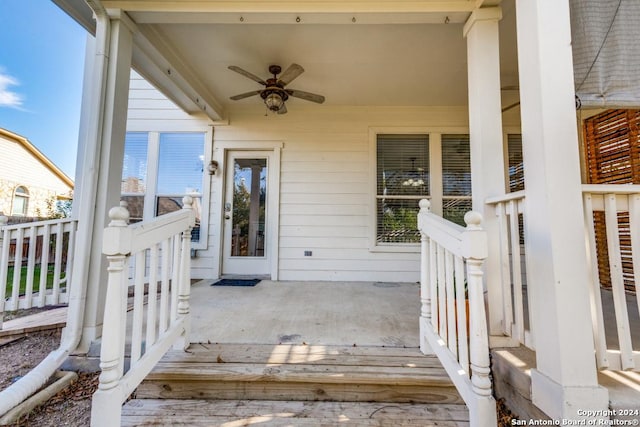 exterior space featuring ceiling fan