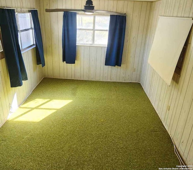 spare room with carpet floors and wooden walls