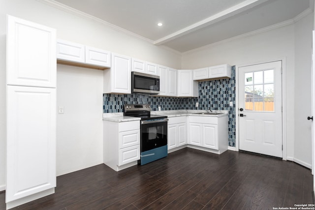 kitchen featuring white cabinetry, stainless steel appliances, tasteful backsplash, dark hardwood / wood-style floors, and crown molding