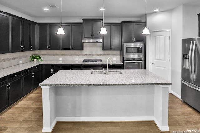 kitchen with sink, pendant lighting, a center island with sink, and appliances with stainless steel finishes