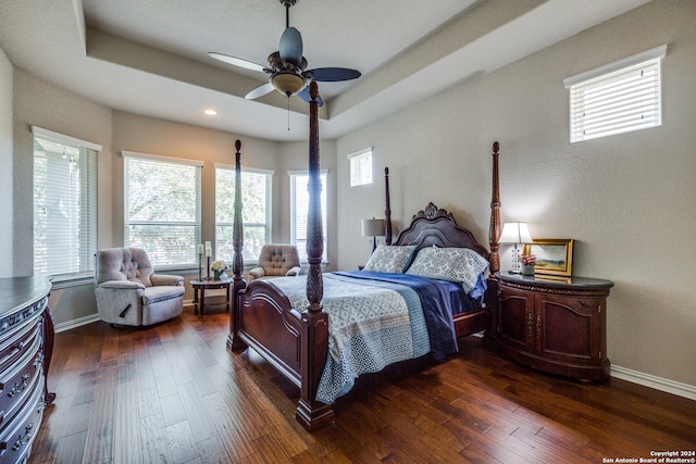 bedroom featuring a tray ceiling, multiple windows, ceiling fan, and dark hardwood / wood-style floors