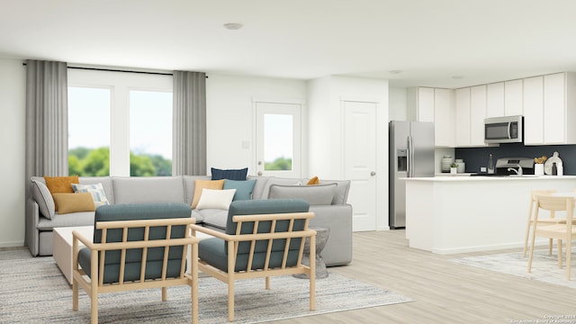 living room featuring light hardwood / wood-style floors and sink