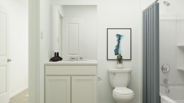 full bathroom featuring shower / tub combo with curtain, vanity, and toilet