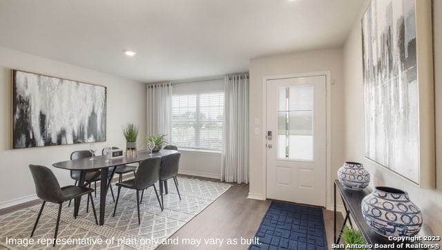 dining space with hardwood / wood-style flooring