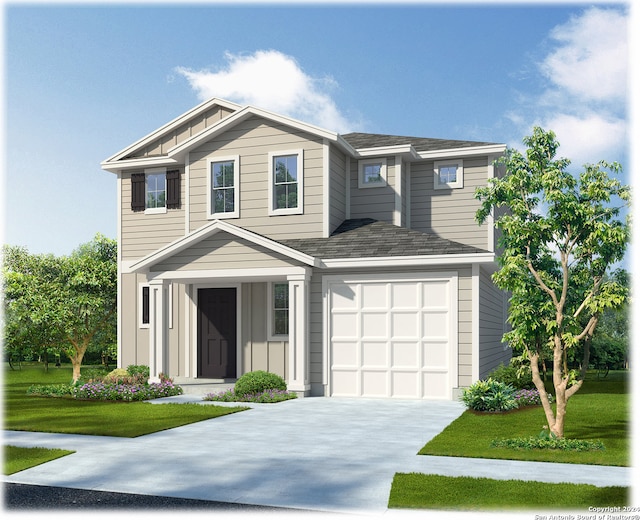 view of front of property featuring a garage, concrete driveway, a front lawn, and board and batten siding