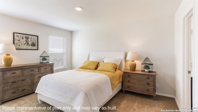 bedroom featuring light carpet