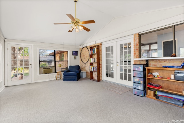 sunroom / solarium featuring french doors, vaulted ceiling, ceiling fan, and cooling unit