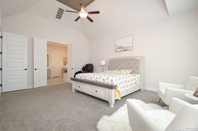 carpeted bedroom featuring ceiling fan and lofted ceiling